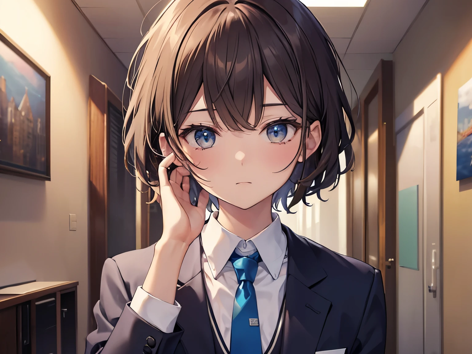 ((masterpiece)), (textured skin), ((high details)), best quality, award winning, 8k, ((beautiful woman)), beautiful lady in male clothing, (blue suit, brown tie), white shirt, ((three-piece suit)), brown hair, swept bangs, short hair, at office, lawyer, expressions