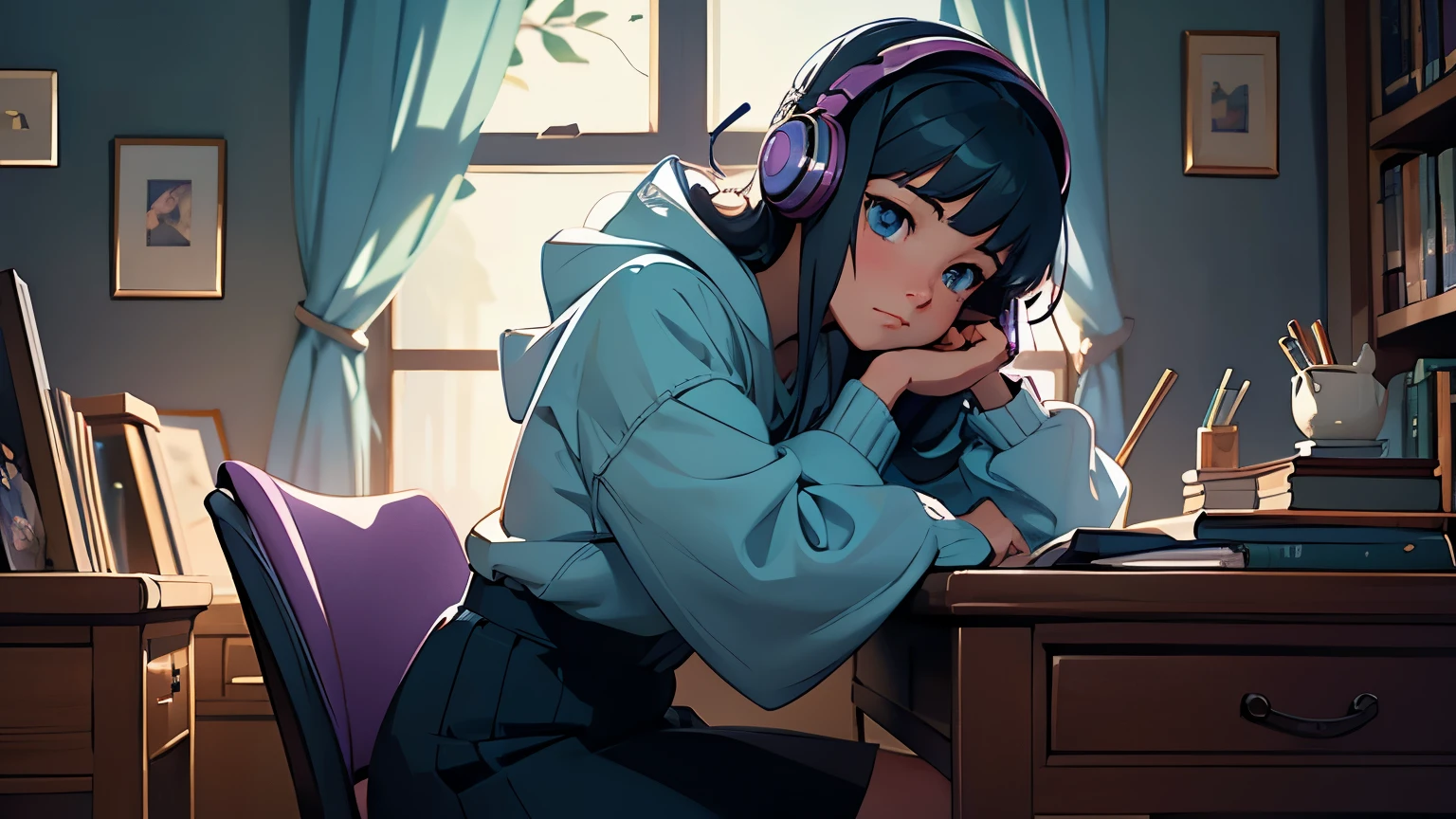 (highly detailed,realistic:1.2)anime girl sitting in her room at night, studying with her cat, [rain] outside window, wearing headphones, [soft lighting]. [Bookshelves] filled with manga and novels, [posters] of favorite anime on the wall. The room is [neat and tidy], with a [comfortable desk] and [ergonomic chair]. [Moonlight] shines through the window, casting a [mysterious atmosphere]. The girl's [expressive eyes] are focused on her [textbooks], while her [cat] curls up beside her, providing companionship. Outside, the [raindrops] create a [calming melody], adding to the cozy ambiance of the room. The girl's [headphones] play her favorite anime soundtrack, immersing her in the world of her studies. The [cool color scheme], with hints of [blue and purple], enhances the serene mood. The [soft lighting] highlights the details of the room, from the [textures] of the desk to the [reflections] on the window. This artwork is a [masterpiece] that captures the tranquil moment of an anime girl's study session, blending realism and the charm of the anime aesthetic.