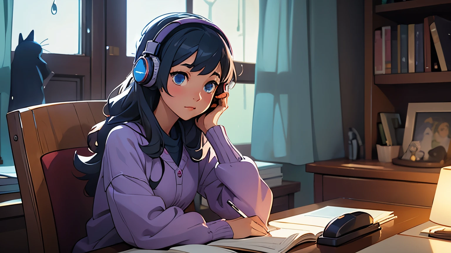 (highly detailed,realistic:1.2)anime girl sitting in her room at night, studying with her cat, [rain] outside window, wearing headphones, [soft lighting]. [Bookshelves] filled with manga and novels, [posters] of favorite anime on the wall. The room is [neat and tidy], with a [comfortable desk] and [ergonomic chair]. [Moonlight] shines through the window, casting a [mysterious atmosphere]. The girl's [expressive eyes] are focused on her [textbooks], while her [cat] curls up beside her, providing companionship. Outside, the [raindrops] create a [calming melody], adding to the cozy ambiance of the room. The girl's [headphones] play her favorite anime soundtrack, immersing her in the world of her studies. The [cool color scheme], with hints of [blue and purple], enhances the serene mood. The [soft lighting] highlights the details of the room, from the [textures] of the desk to the [reflections] on the window. This artwork is a [masterpiece] that captures the tranquil moment of an anime girl's study session, blending realism and the charm of the anime aesthetic.