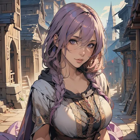 ((Detailed face)),((Mucha's style)),(portrait),huge breasts, Raised ,The look of ecstasy,purple pink hair,half-up braid,(arms be...