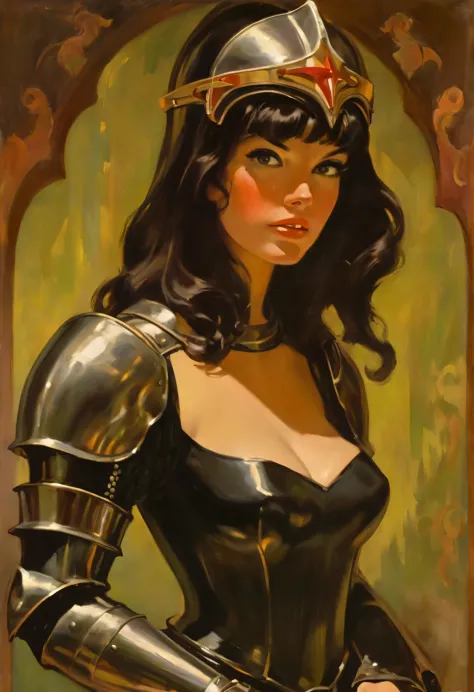 Joanna D'arc, ((vestida com uma armadura medieval completa)), ((corpo inteiro)), cabelos castanhos longos, ruiva, oil portrait, ...