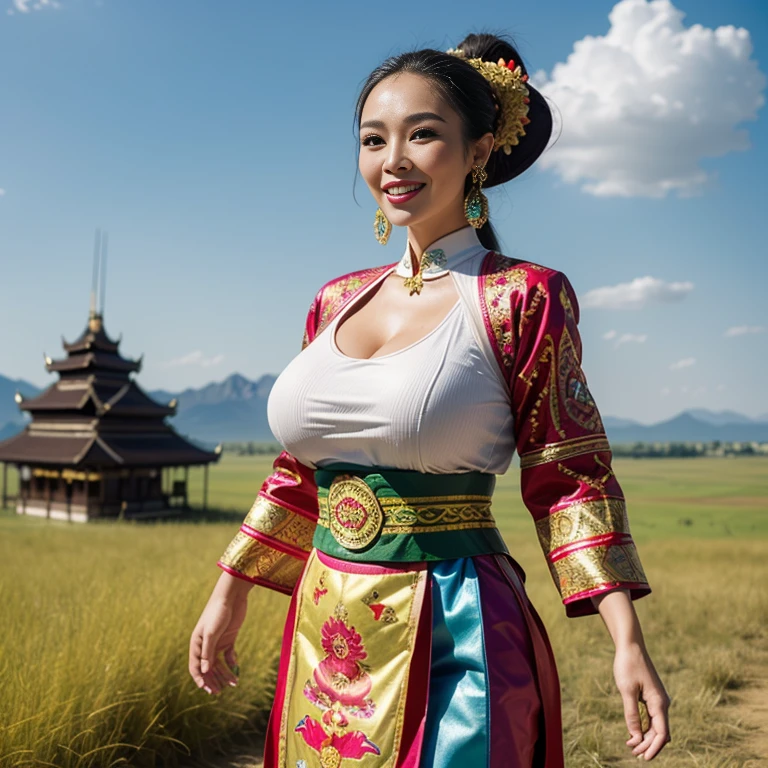 (thai woman),((highponytail)),(forehead),(Oriental Folk Costumes:1.5),(enormous breasts:1.5),(Fantastic World:1.6),(grasslands:1.6),(Fictitious building in Eastern European style in the background:1.3),big smile,  (cowboy shot:1.4),8k, UHD,