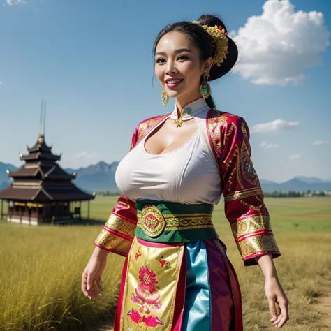 (thai woman),((highponytail)),(forehead),(Oriental Folk Costumes:1.5),(enormous breasts:1.5),(Fantastic World:1.6),(grasslands:1...