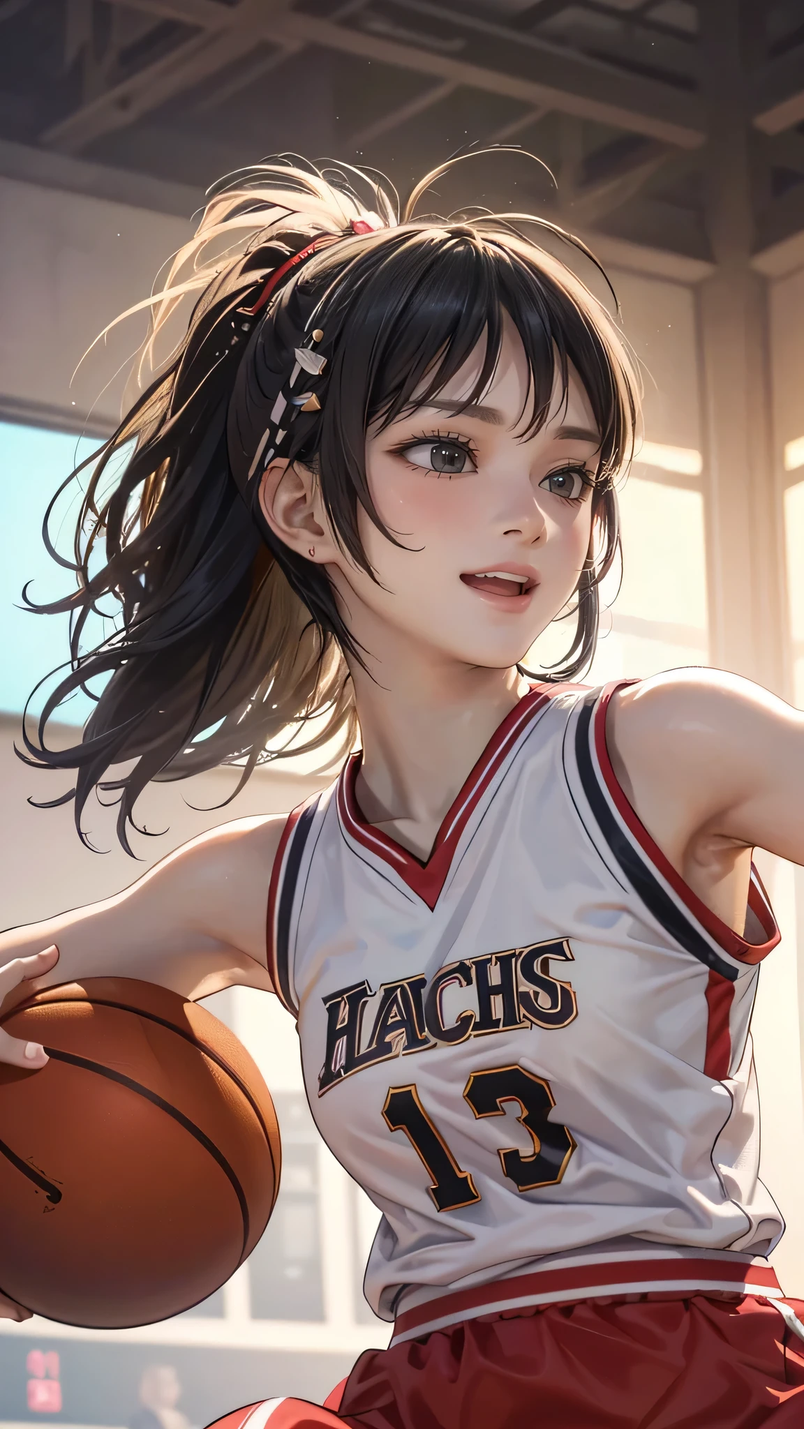 (from below:1.2),(cheerful girl:1.2),(one basketball,basketball player),(random hairstyle),(Highest image quality,(8k),ultra-realistic,best quality, high quality, high definition, high quality texture,high detail,beautiful detailed,fine detailed,extremely detailed cg,detailed texture,a realistic representation of the face,masterpiece,Sense of presence)