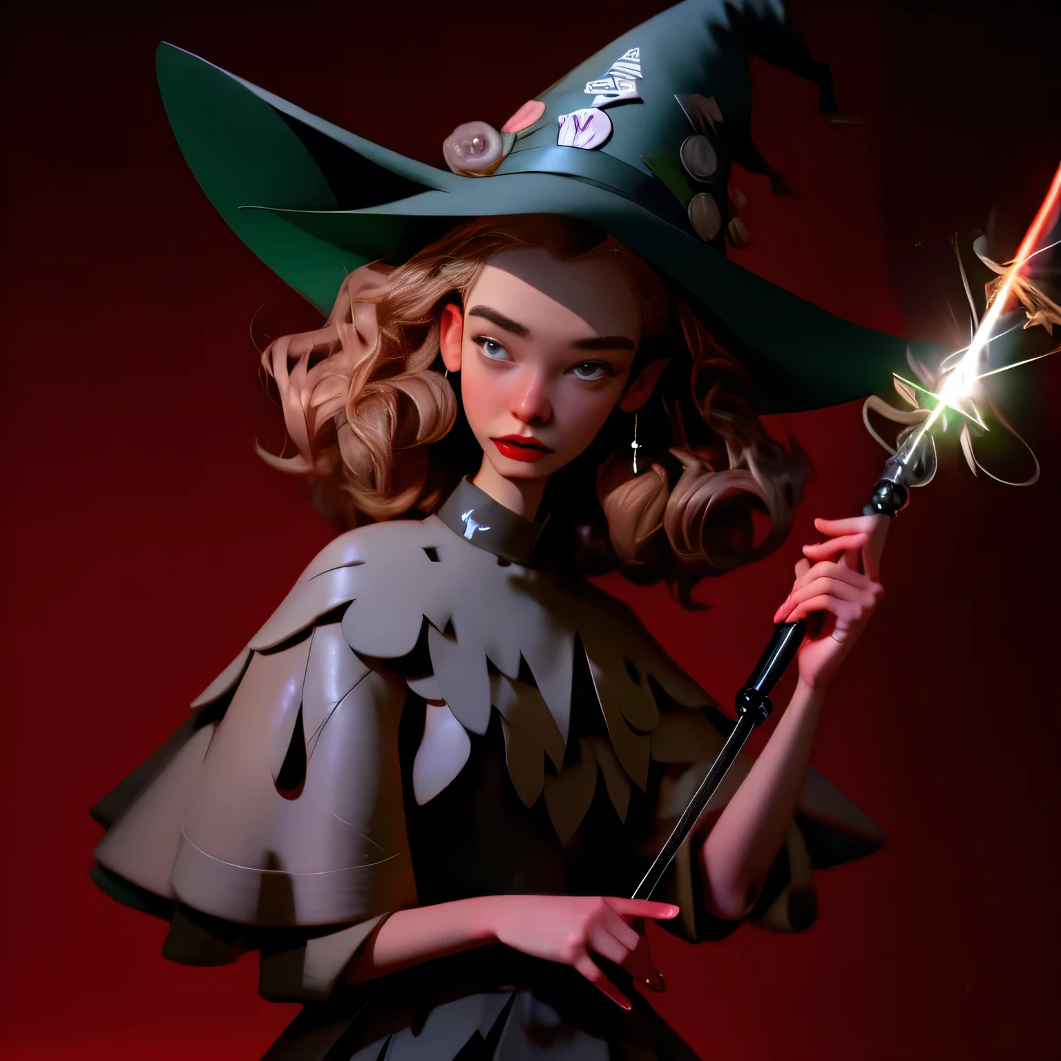 there is a woman holding a pair of scissors in her hand, holding a syringe!!, holding a wand, holding a scepter, holding a magic needle, holding a magic staff, holding wand, holding a magic wand, holding syringe, holding an activated lightsaber, holding a syringe, as a claymation character, witchy, witch