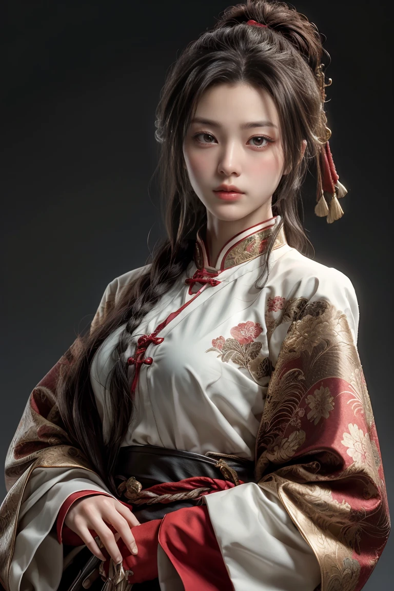 ((masterpiece, highest quality, High resolution, Realistic, born, 8k wallpaper)), Female swordsman in Chinese clothing, Heroes of the Three Kingdoms, (He has a big sword in both hands), She has long black hair tied back, Wearing iron armor and a red cloak, Point your sword at the viewer, Glaring at you. 