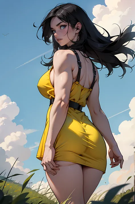 muscular huge breasts thick thighs field sky clouds black hair yellow eyes transparent sundress black hair yellow eyes pale skin...