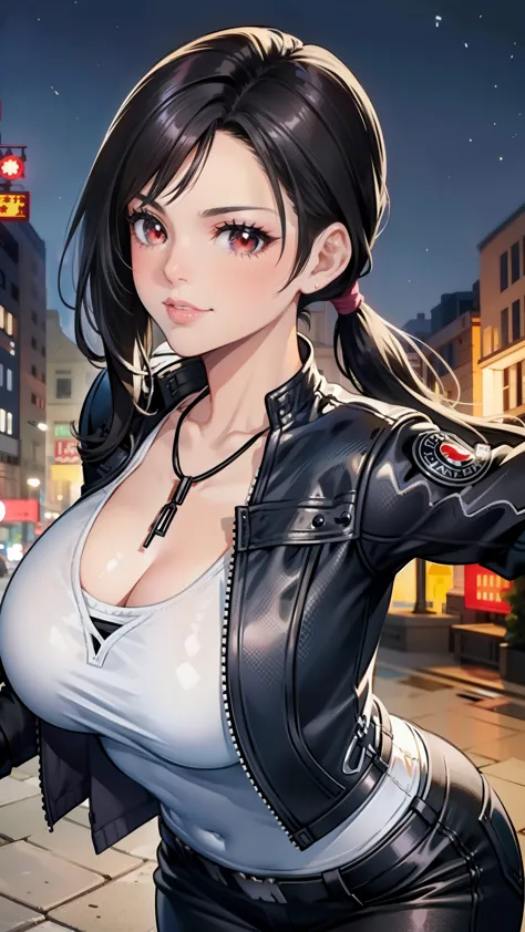 shirt ponytail, black hair, red eyes, perfect lips , confident smile,cute expression, cute face, black jacket, alert pose, ultra...