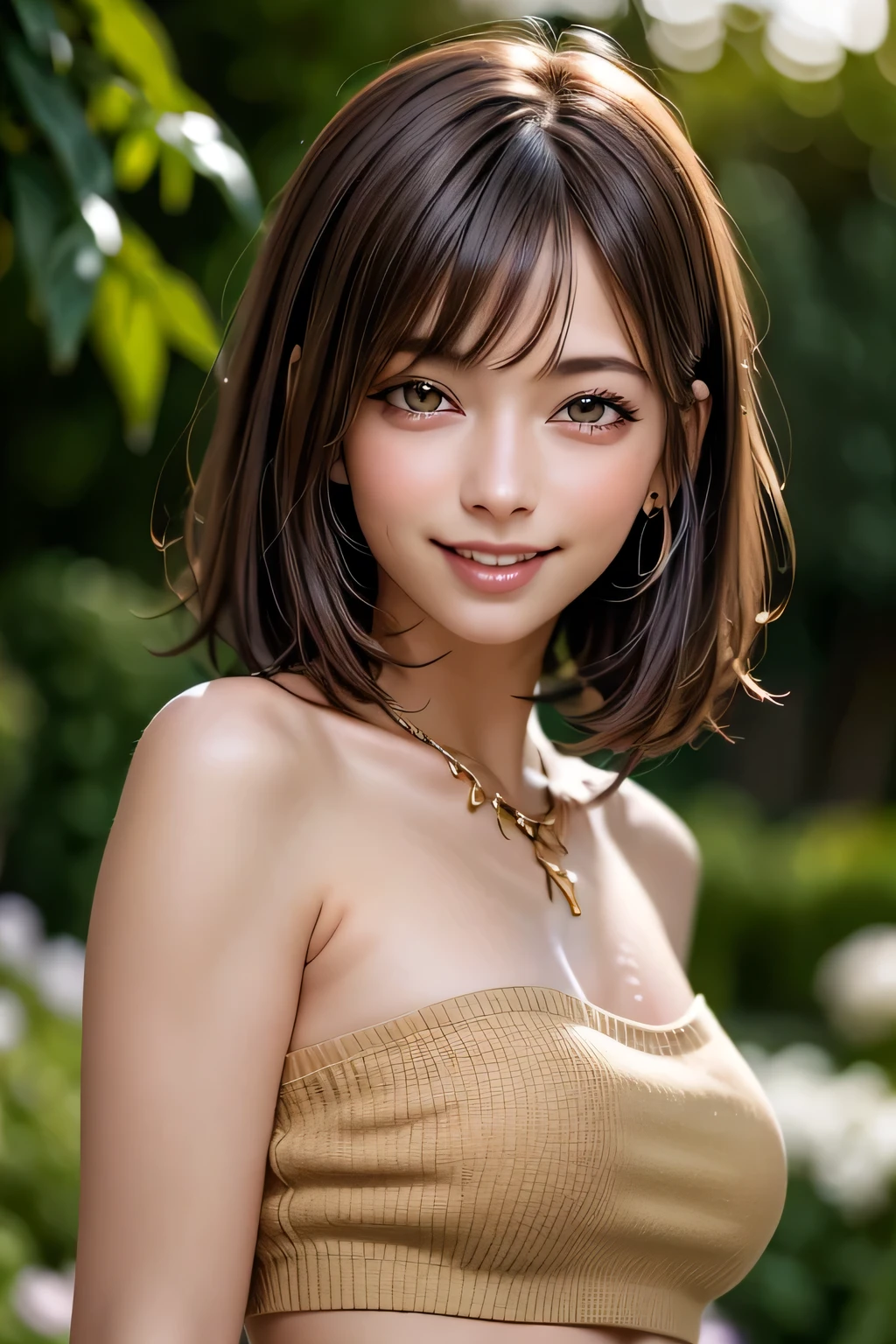 (8k, RAW Photos, highest quality, masterpiece, Realistic, Realistic), (1 female), (Ultimate beauty), Highly detailed face, (Perfect Teeth), Beautiful Eyes, double eyelid, eyelash, smile, Lip details, Brunette Bob, The light shines on your face, Big Breasts, ((T-Shirts)), (Tight mini skirt), (background: garden), ((Written boundary depth))