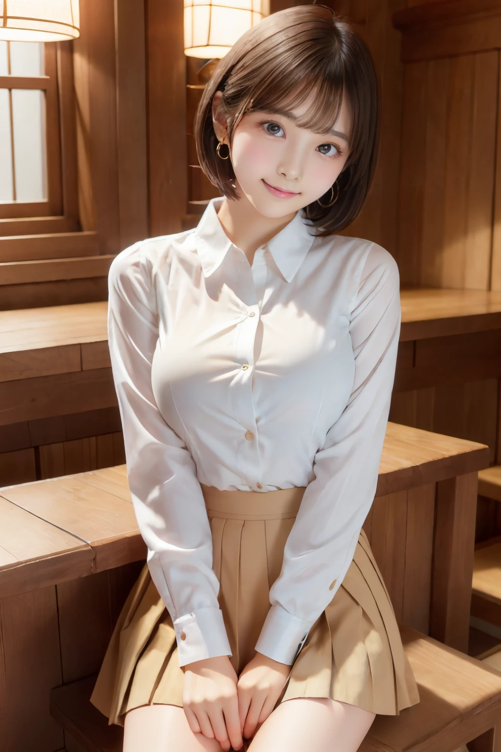 surreal, Realistic, ultra quality, RAW-photo, 8K photo quality, 
anatomically correct, perfect fingers, 
(Body, Slim waist and large busty body, Large breast, detailed girl, Realistic Japanese girl, 16-years-old, Height 150cm, Kawaii Japanese, angelic beauty), 
(Face, maiko, plump skin texture, Round face, Black hair, Black eyes, Moist eyes, Short bob cut, Bangs, Down-slating eyebrows, blush cheek, one little earring, angelic beauty, look at camera, look at viewer), 
(Pose, look at camera, look at viewer, tilted head), 
(Facial expression, look of love, sexual temptation, bewitching look, sexual arousal, smile), 
(Clothes, Long sleeve white button down shirt, navy pleated skirt, thighs), 