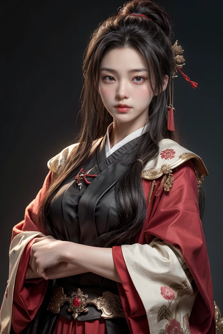 ((masterpiece, highest quality, High resolution, Realistic, born, 8k wallpaper)), Female swordsman in Chinese clothing, Heroes of the Three Kingdoms, (He has a big sword in both hands), She has long black hair tied back, Wearing iron armor and a red cloak, Facing the viewer and holding a sword, Glaring at you, Dynamic pose, 