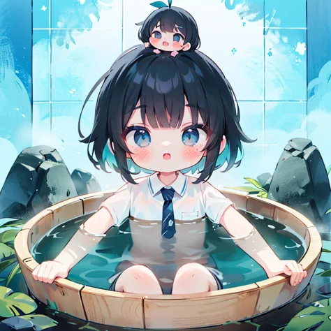 Natural bath，(Bath surrounded by rocks), 少女が大きな深いNatural bathに首まで浸かっている，3 Naked Girls，(3 years old), Tie your hair with a rubber...