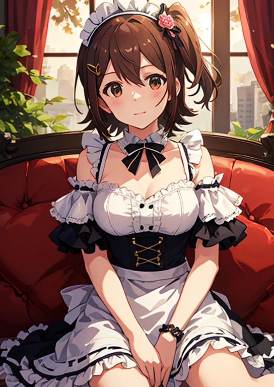 Mirai Kasuga, (highest quality, 8k, masterpiece, Very detailed:1.2), (Lens flare, Particles of light, Shine), Big Breasts, smile, Open your mouth, masterpiece, highest quality, Very detailed, High resolution, Very detailedなCG, (Official Art), Off the shoulder, Maid,(Spread your legs), (Embarrassing:1.1), (blush:1.2), Open your mouth, (shout:1.1), (Moving lines:1.1),  sofa, pillow