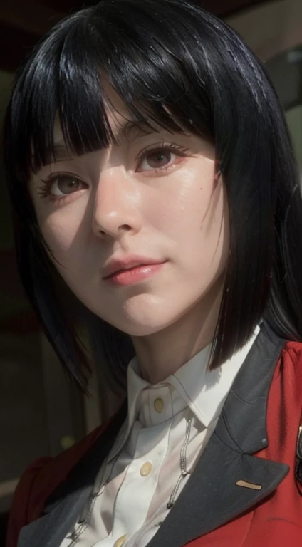 ((masterpiece, best quality)), (1girl), (solo), (female focus), jabami yumeko (kakegurui),(very detailed face, real image, realistic white skin, realistic body, intricate details), upper body, sedutive smile , red eyes, looking at the viewer, black hair, big breasts