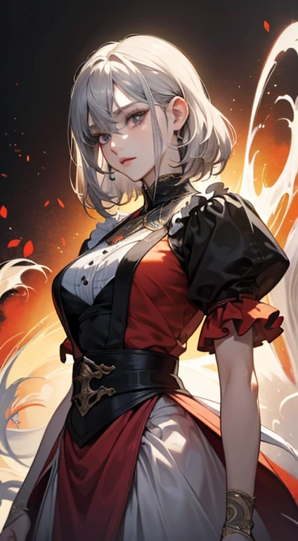 A painting of a woman with gray hair and an orange top, stunning anime face portrait, beautiful character painting, beautiful anime portrait, her image is rendered by red paint, presenting a stunning effect. The painting is very detailed, depicting women's faces and clothing. Her face has a creamy dripping effect, which makes the whole face more vivid. She wears a beautiful detailed outfit with pale gray hair. The proportions are accurate, and the costumes of the female characters are traditionally dressed, showing a classical charm.