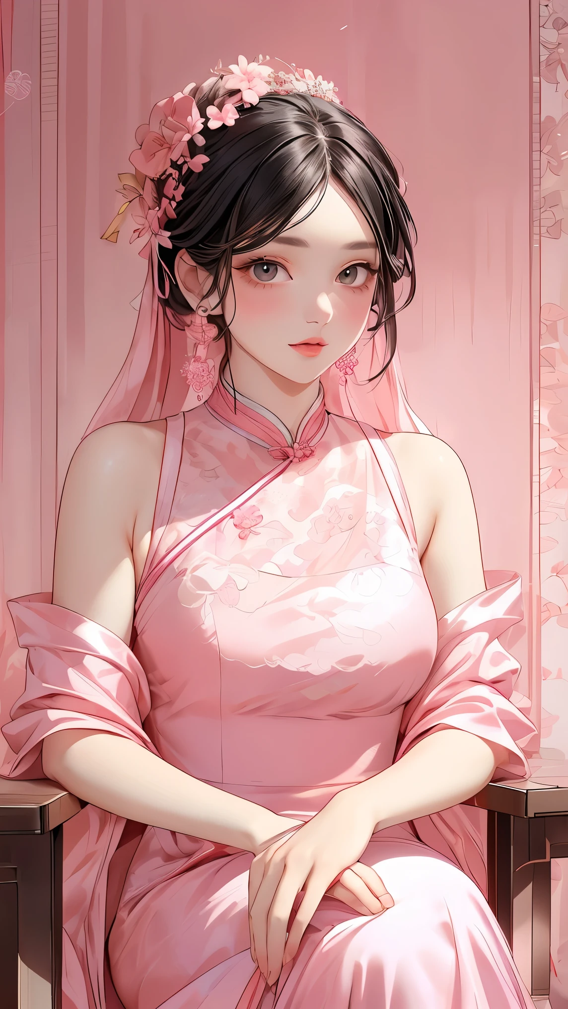 a close up of a woman in a Robe rose sitting on a chair, robe en soie douce, porter une robe de bal rose, dressed in a Robe rose, Robe rose, wearing a Robe rose, shaxi, wearing an robe élégante, dans le style de Lam Manh, femme adorable, belle femme sud-coréenne, robe élégante, Ruan Jia magnifique!, magnifique modèle chinois