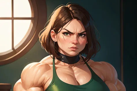 muscle woman with brunette hair, woman with huge muscles, mature woman, stern expression, green eyes