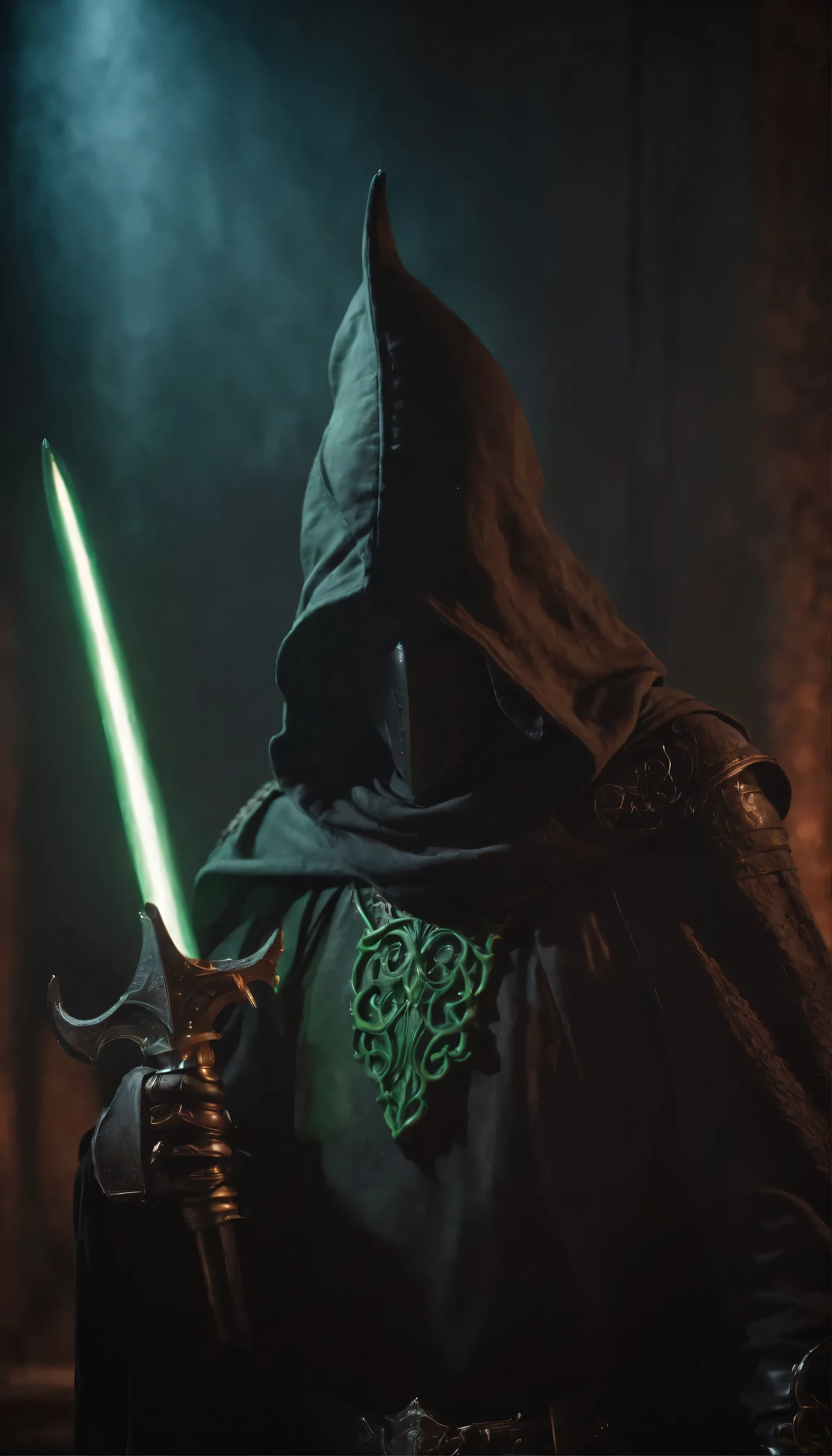 Jedi Knight,Neon-lit scene(Highest quality:1.2)、Cthulhu Bishop in the foreground(Background of deadly battle knights:1.5)、Smoky atmosphere(Surreal and otherworldly:1.3)、Neon-colored bishop&#39;s robes(Cthulhu&#39;s Tentacles Extending:1.4)、The Bishop&#39;s stern and grotesque face(A knight in hooded armour carrying an ominous weapon:1.6)、A dark and ominous background contrasting with bright neon lights、(Detailed Texture:1.1)、