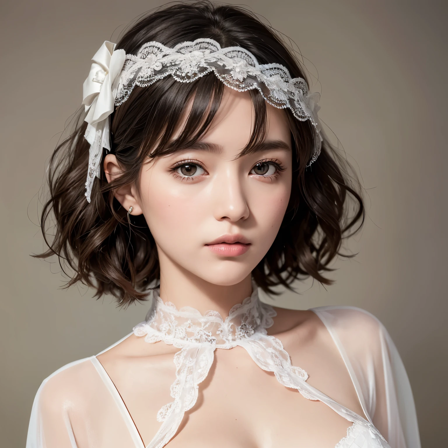 (masterpiece, Realistic, Ultra-high resolution, high quality:1.2),25-year-old woman, (young),(No makeup), (White Sheer Blouse:1.3),Fluffy braウス、Fluffy braウス、The blouse has no buttons、Oversized breasts、Best Breastaximum 、Fluffy bra、Sheer frilly bra、Black Hair, short hair、Hair curled outwards、Hair curls outward、Small curly hair、Wedding Veil、Portraiture, (whole body) , old photograph, 80&#39;style , Dynamic pose, studio, (seikomatsuda:1.2)、Pure white sleeveless