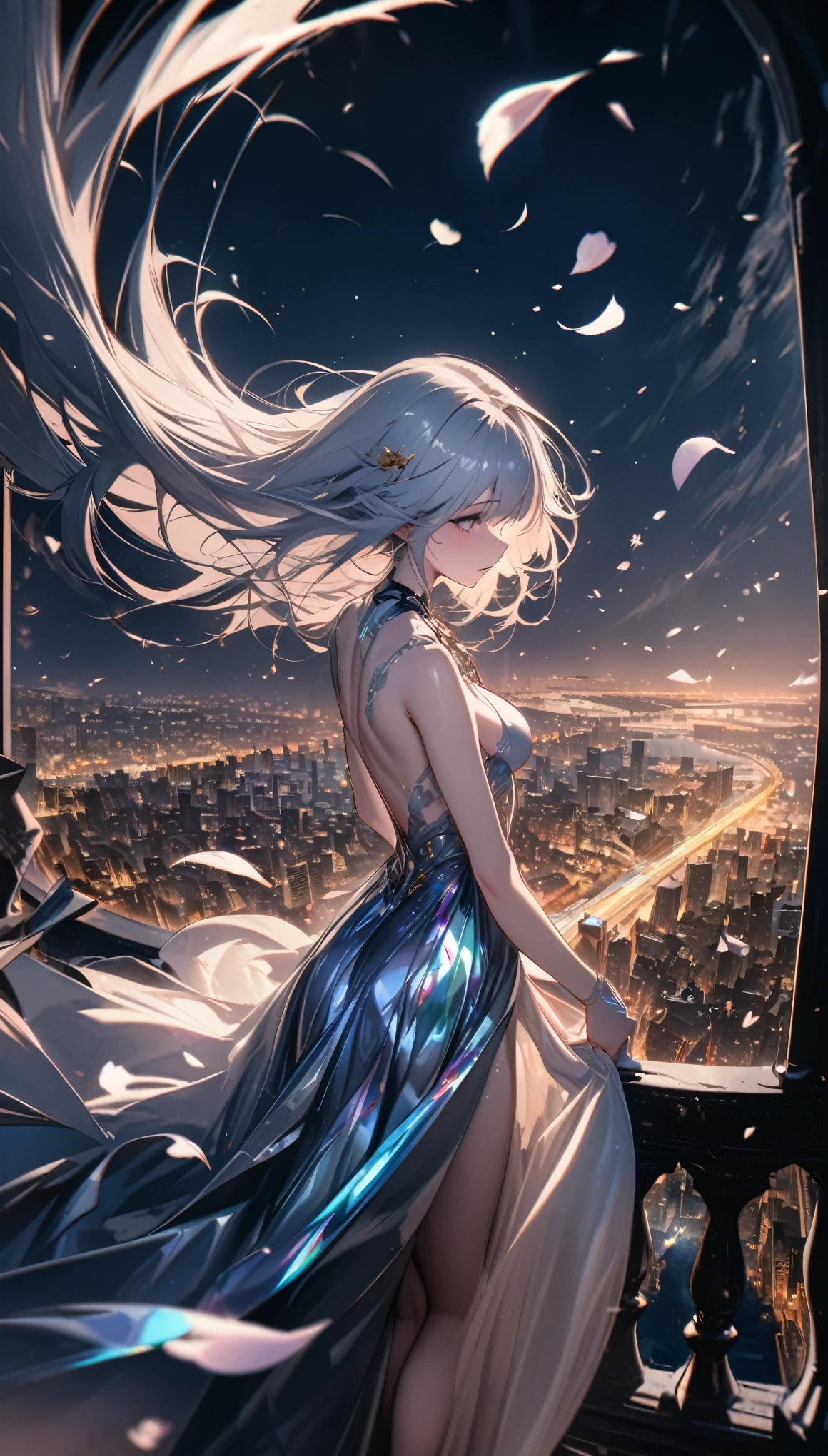 up-and-coming works of art, best quality, super fine, 16k, incredibly absurdres, extremely detailed, beautiful ephemeral girl stands in the city, wind, wind-effect, moonlit night view, (magnificent view:1.2), clockmetal, falling iridescent petals