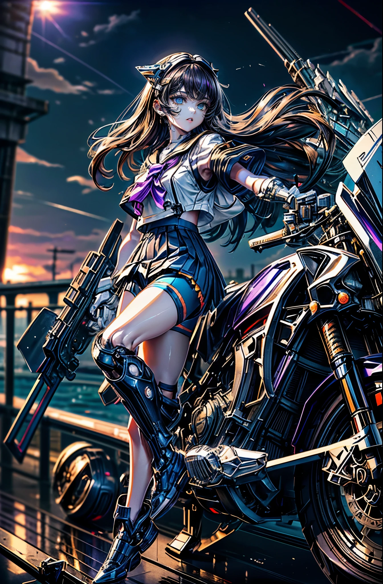 super high quality、8K quality、High resolution、Image quality captured with a single-lens reflex camera、SFW、Perfect Anatomy、Green Eyes、Rin々A funny expression、Justice Mecha Girl、Beautiful girl with dark brown hair、Mechanical parts with a three-dimensional feel（Exposed thighs、tights、return:1.2）(Navy Pleated Shorts、Wearing a white and purple sailor uniform: 1.4)(Stylish mechanical parts under the elbows and knees:1.3)break、（Perfect Anatomy:1.4）(Riding on motorcycle、Have a weapon:1.4)(Looking Away:1.4)break(Highly detailed and perfect limbs:1.5)(dawn、Light of the sun、Bayside with a view of the huge bridge:1.2)