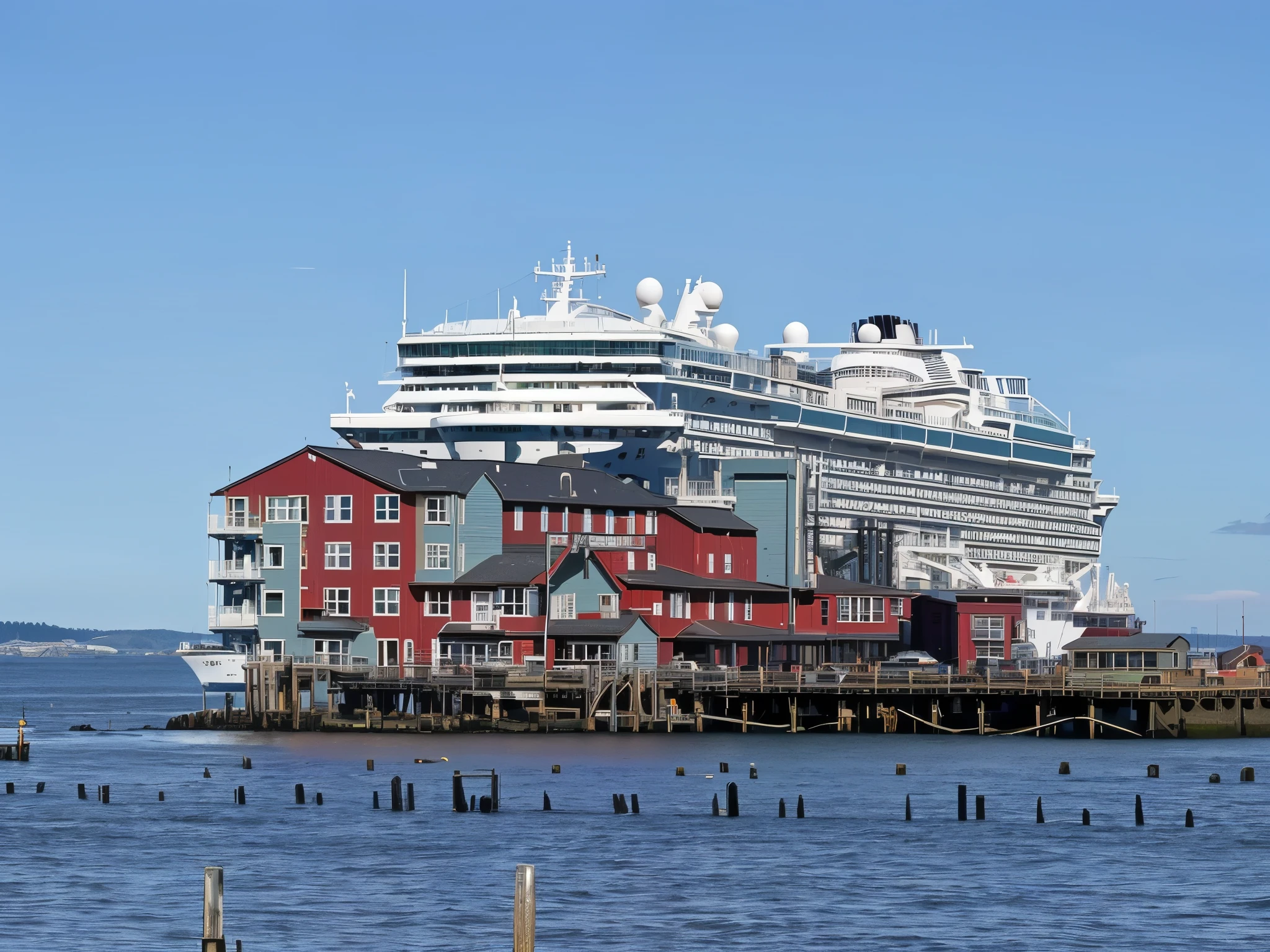 Astoria Oregon there is a large cruise ship that is docked in the water, viewed from the harbor, docked at harbor, surrounding the city, high quality photo, taken with sony FE, masterpiece, super detail, award winning, best quality, highres, HD, 4K, 8k, 16k