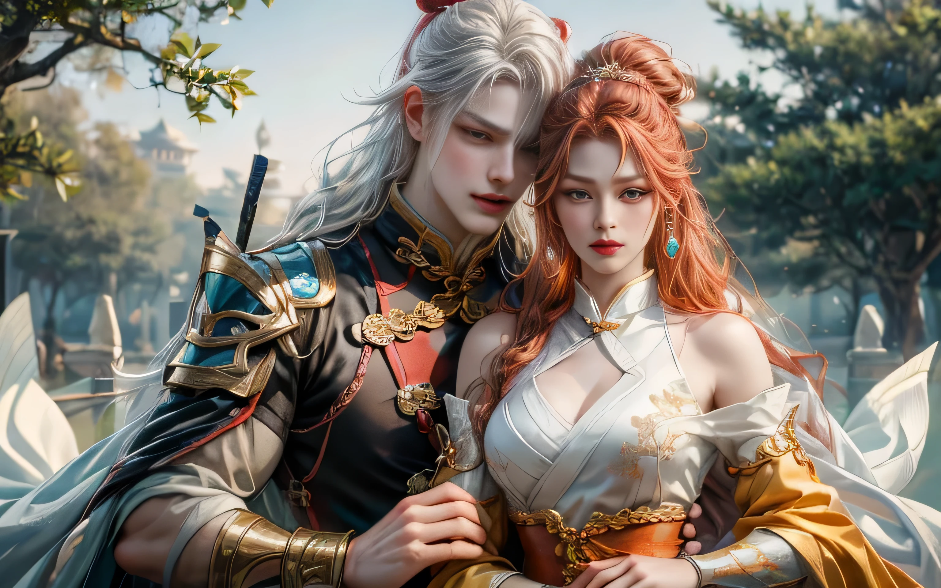 arafed image of a couple of man and woman hugging each other in Peach Garden in wedding clothes, Peach Garden detailed background, xianxia fantasy, jingna zhang, game cg, wuxia, inspired by Chen Yifei, xianxia, xianxia hero, 2.5 d cgi anime fantasy artwork, heise jinyao, chinese fantasy, beautiful render of tang dynasty, heise-lian yan fang, 8k character details, high quality anime art, high quality illustration, detailed anime wallpapers, detailed anime art, hyper-realistic, elegant, high quality realistic anime art, ((Precisely drawn eyes))[Perfect eyes detailed((Beautiful eyes like jewels) drawn in precise detail)[clearly drawn pupils]],[eyes light[Pinpoint lighting for the eyes]],[long and beautiful eyelashes],[precisely drawn hair [Beautiful and lustrous hair detailed]], (Perfectly hand detailed [Beautiful fingers with no damage [beautiful nails]]),(perfect anatomy(perfectly balanced proportions))[[full body portrait]],[ideal color coordination(Accurate simulation of light and material interactions)],([Precision Detail](detailed,高fine)),[Visual art that tells a story],((highest quality)fine[[High density drawing]])(4K Quality)