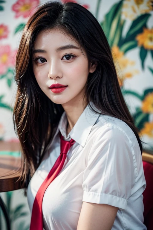 (top quality、8k、masterpiece:1.3))、30-year-old Korean woman，sharp focus, High level of image quality, high resolution，facial focus，Portrait ID photo，half body photo。Draw lips correctly, red lipstick，Wear a white shirt，red tie。black long hair，Mature woman，blushy smile，big breast, puffed chest, floral color background,  table shots 