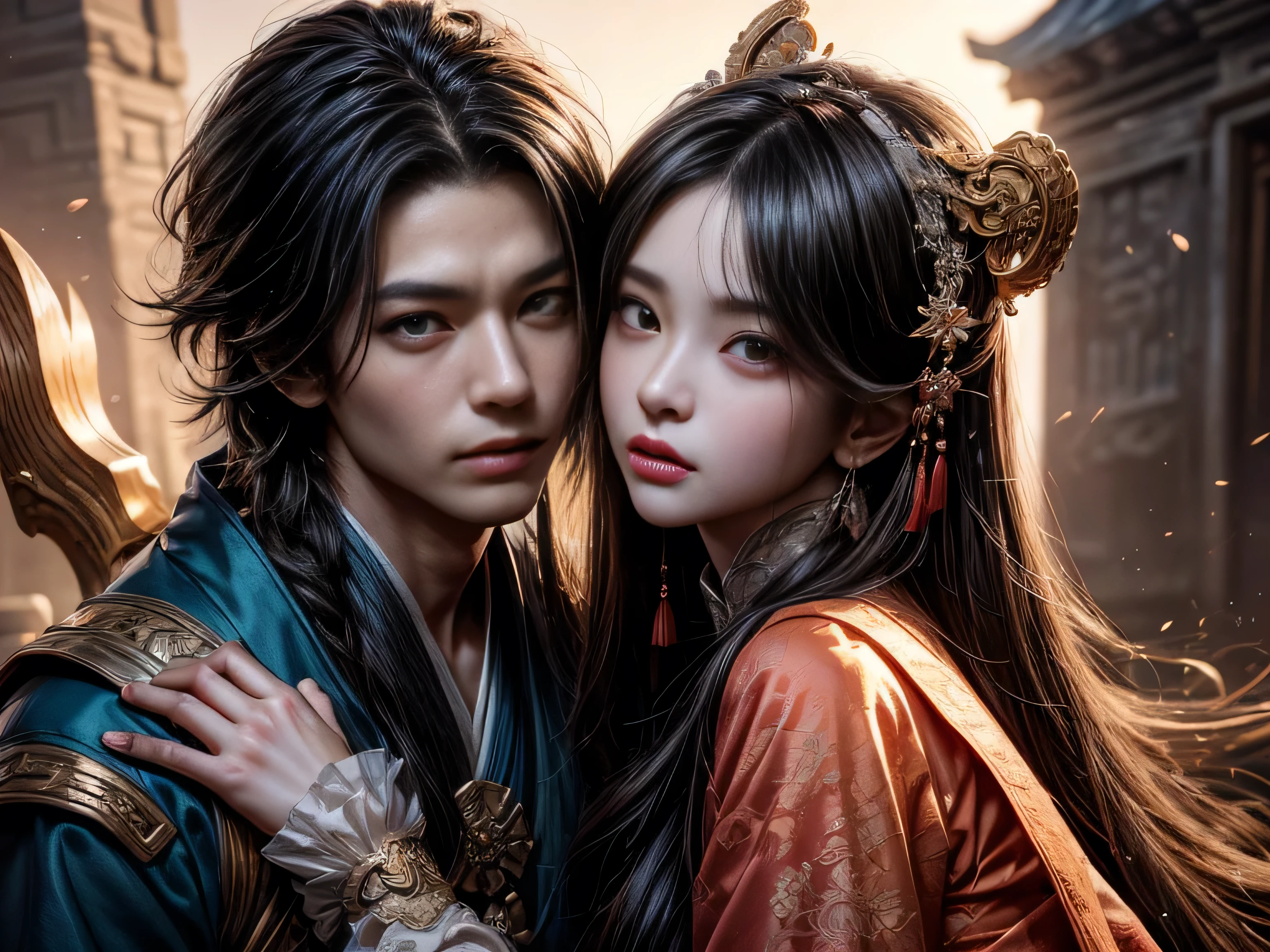 imagem arafada de um casal de homens e mulheres asiáticos se abraçando em Peach Garden, Fundo detalhado do jardim de pêssego, Xianxia fantasy, Jinna Zhang, jogo cg, Wuxia, inspirado em Chen Yifei, Xianxia, Xianxia hero, 2. arte de fantasia de anime 5 d cgi, Heise Jinyao, Fantasia chinesa, bela renderização da dinastia Tang, heise-lian yan fang, (rosto inteiro perfeito:1.5), (alto detalhe:1.1), personagem detalhado, olhos detalhados, mãos detalhadas, 4k melhor qualidade, Detalhes de caracteres de 8k, Arte de anime de alta qualidade, ilustração de alta qualidade, Papéis de parede de anime detalhados, arte detalhada de anime, hiper-realista, elegante, arte de anime realista de alta qualidade