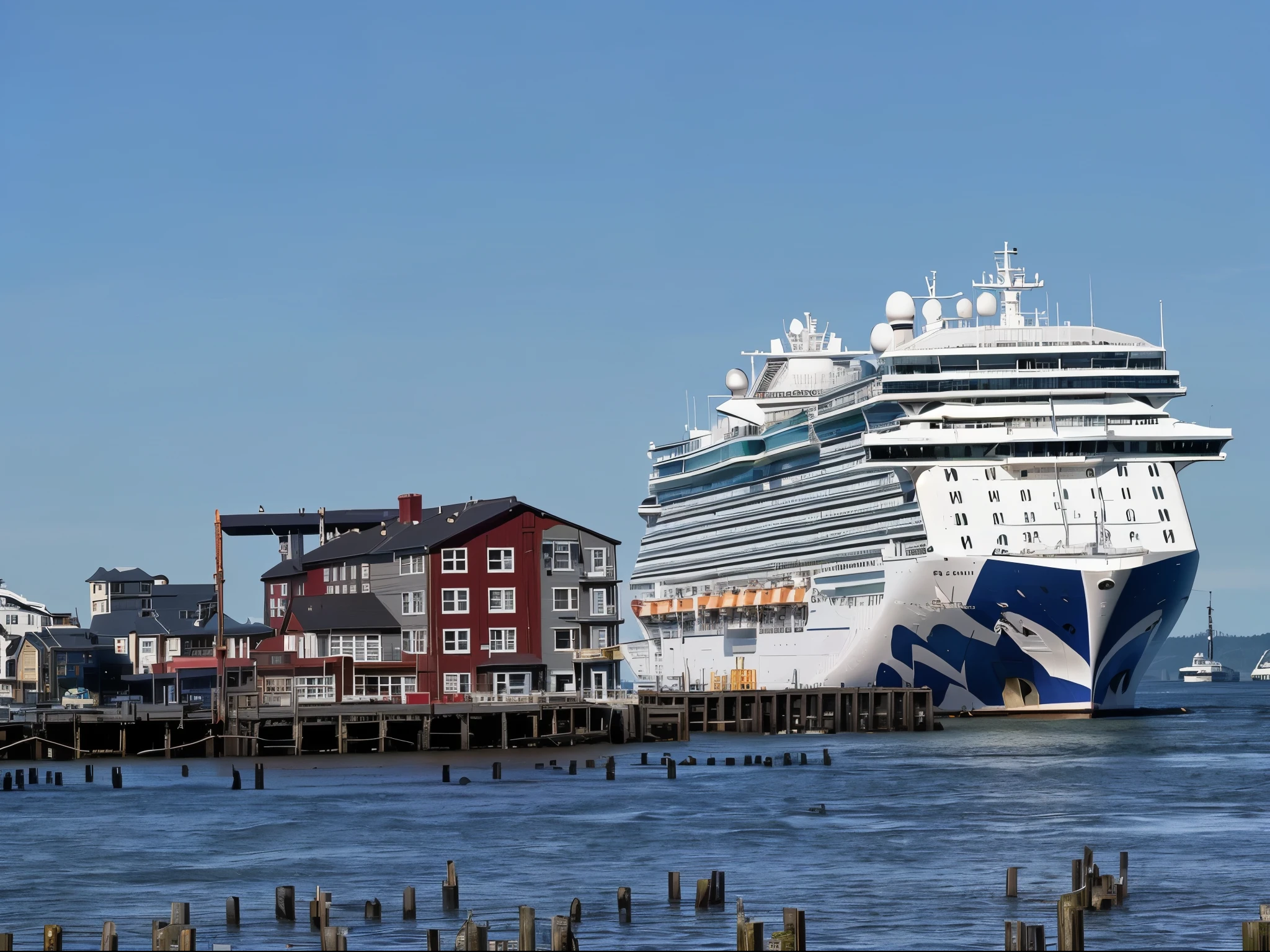 Astoria Oregon there is a large cruise ship that is docked in the water, viewed from the harbor, docked at harbor, surrounding the city, high quality photo, taken with sony FE, masterpiece, super detail, award winning, best quality, highres, HD, 4K, 8k, 16k