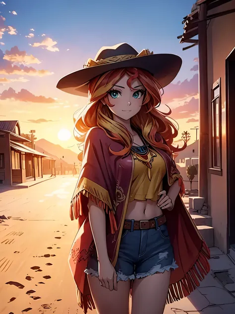 sunset shimmer only wearing a poncho and a sombrero, in a desert town