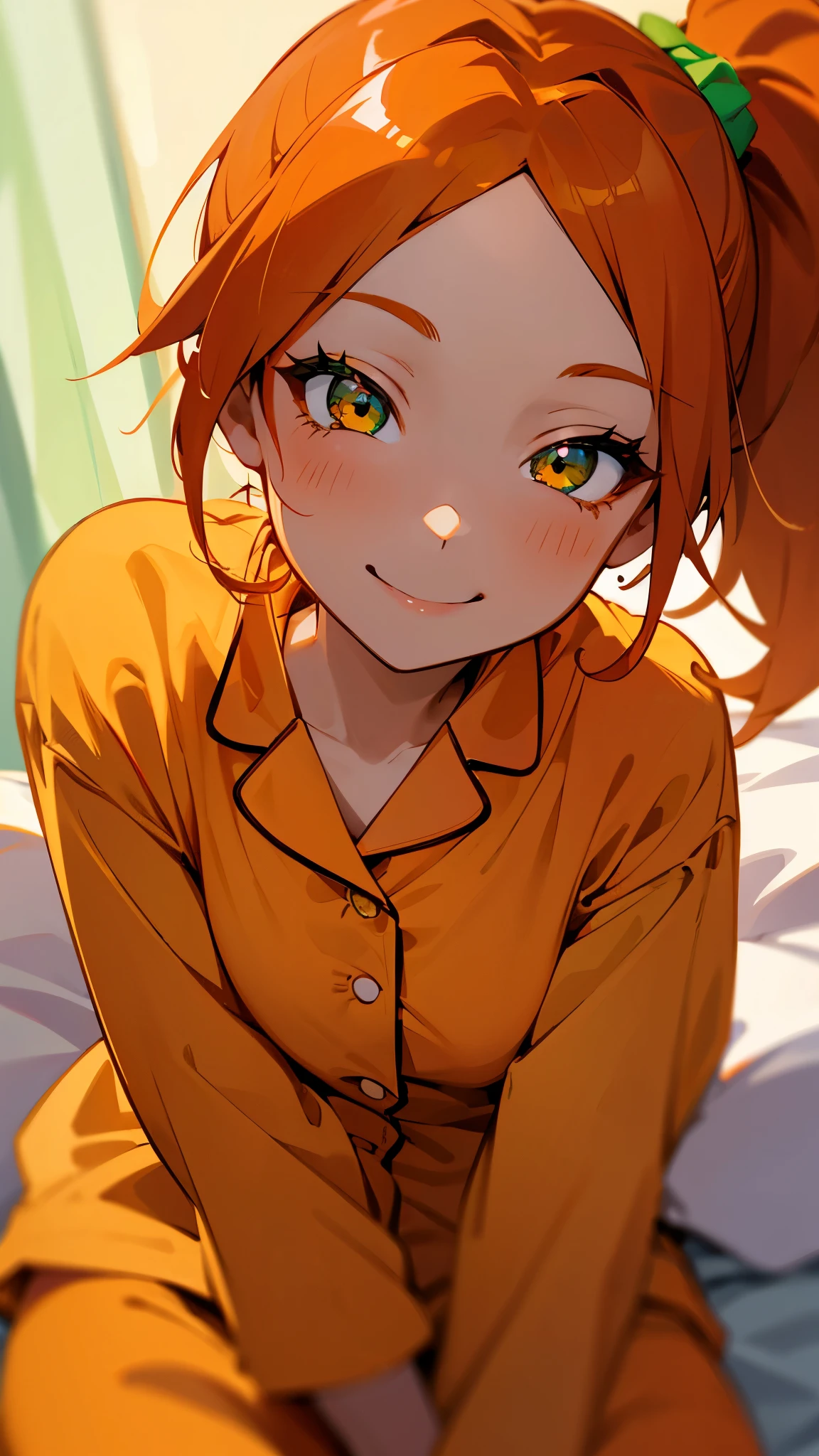 18-year-old girl sitting on bed, Wearing pajamas、Orange Hair、Glowing green eyes、Side Ponytail、smile、smile、The soft texture of pajamas、Face close-up、Colors based on green and orange