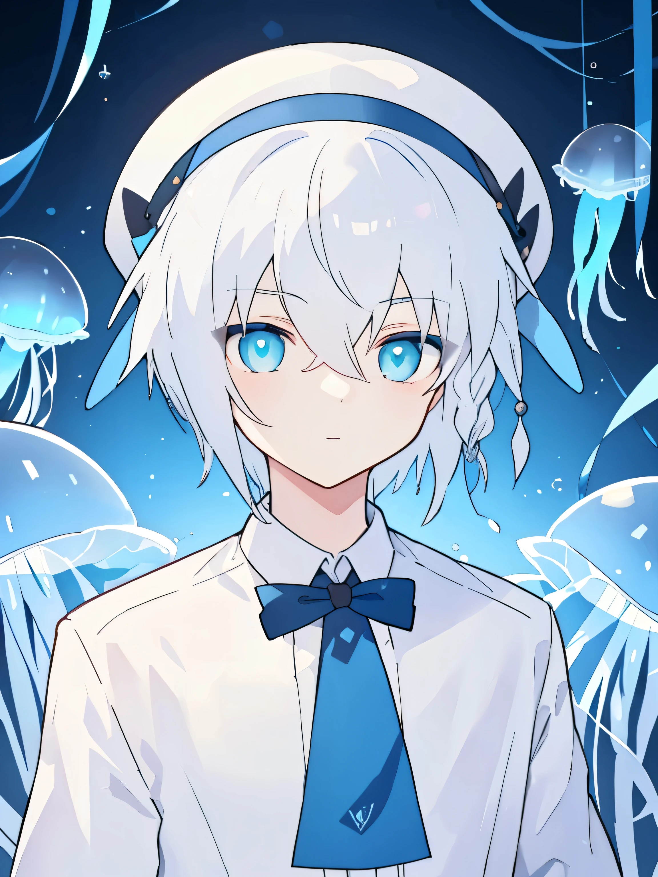 (high quality, thrilling),(expressive eyes, perfect face), (white hair), ((1 boy)), male, alone, short, little boy, (wearing a blue shirt), (wearing a jellyfish hat), The background is an aquarium