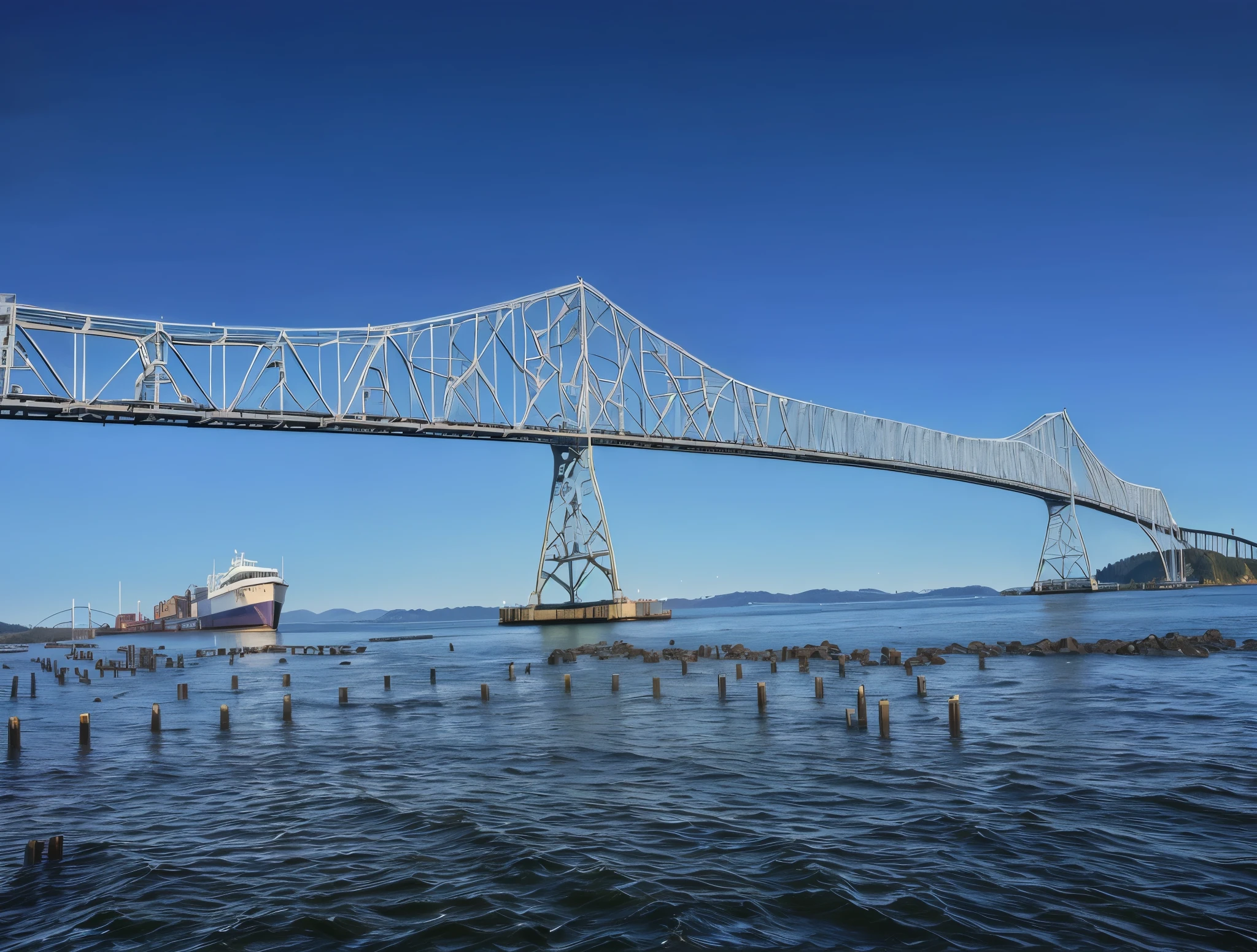 Astoria Oregon there is a large cruise ship that is docked in the water, viewed from the harbor, docked at harbor, surrounding the city, high quality photo, taken with sony FE, masterpiece, super detail, award winning, best quality, highres, HD, 4K, 8k, 16k