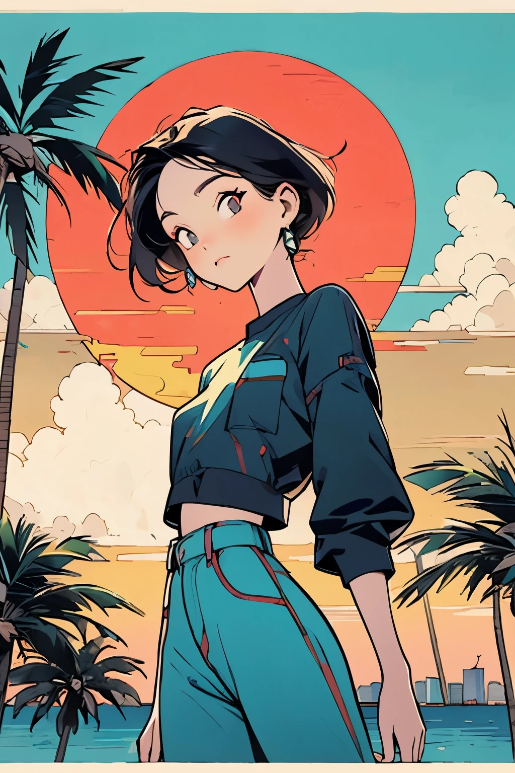 retro girl, Miami, atardecer, Ferrari, palmera, años 90, (colores planos, Textura plana, arte lineal:1.2), diseño grafico, (tinta pesada, negros de tinta),