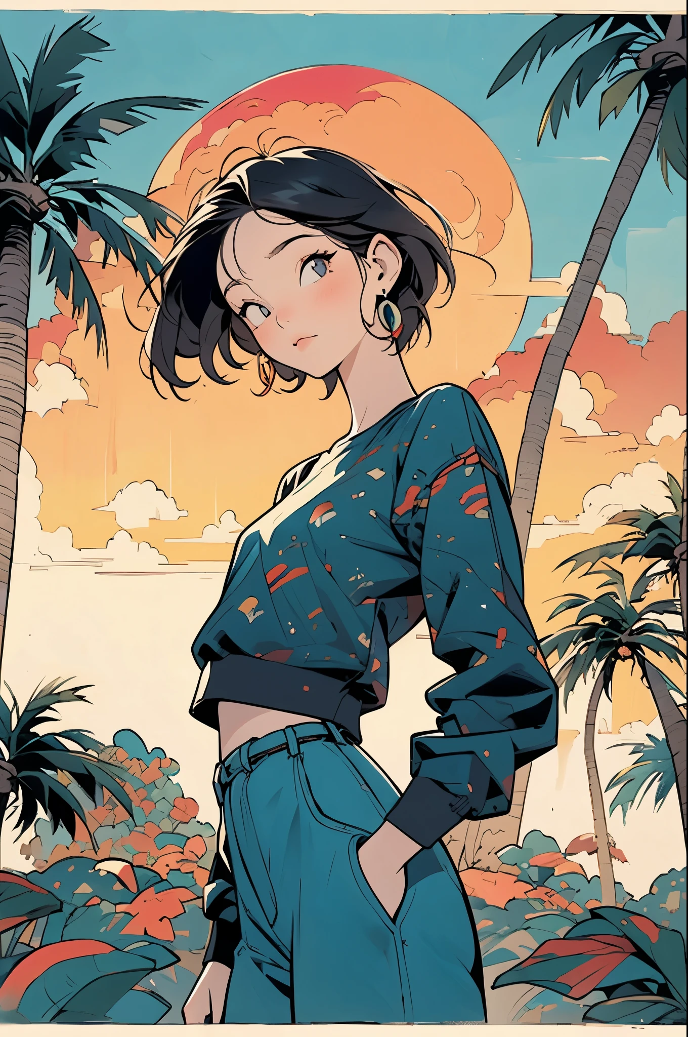 retro girl, Miami, sunset, Ferrari, palm tree, 90's, (flat colors, flat texture, lineart:1.2), graphical design, (heavy ink, ink blacks),