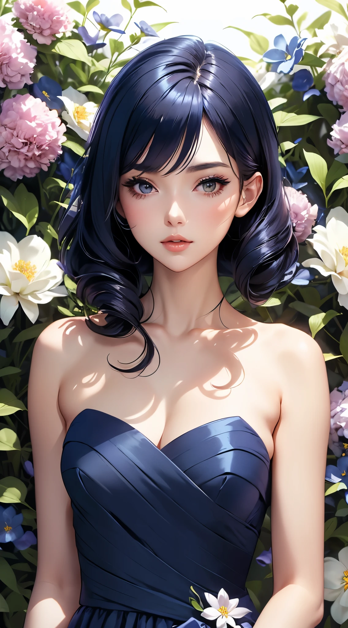 a woman in a navy blue dress standing in front of flowers, beautiful comic art, beautiful alluring anime woman, beautiful anime woman