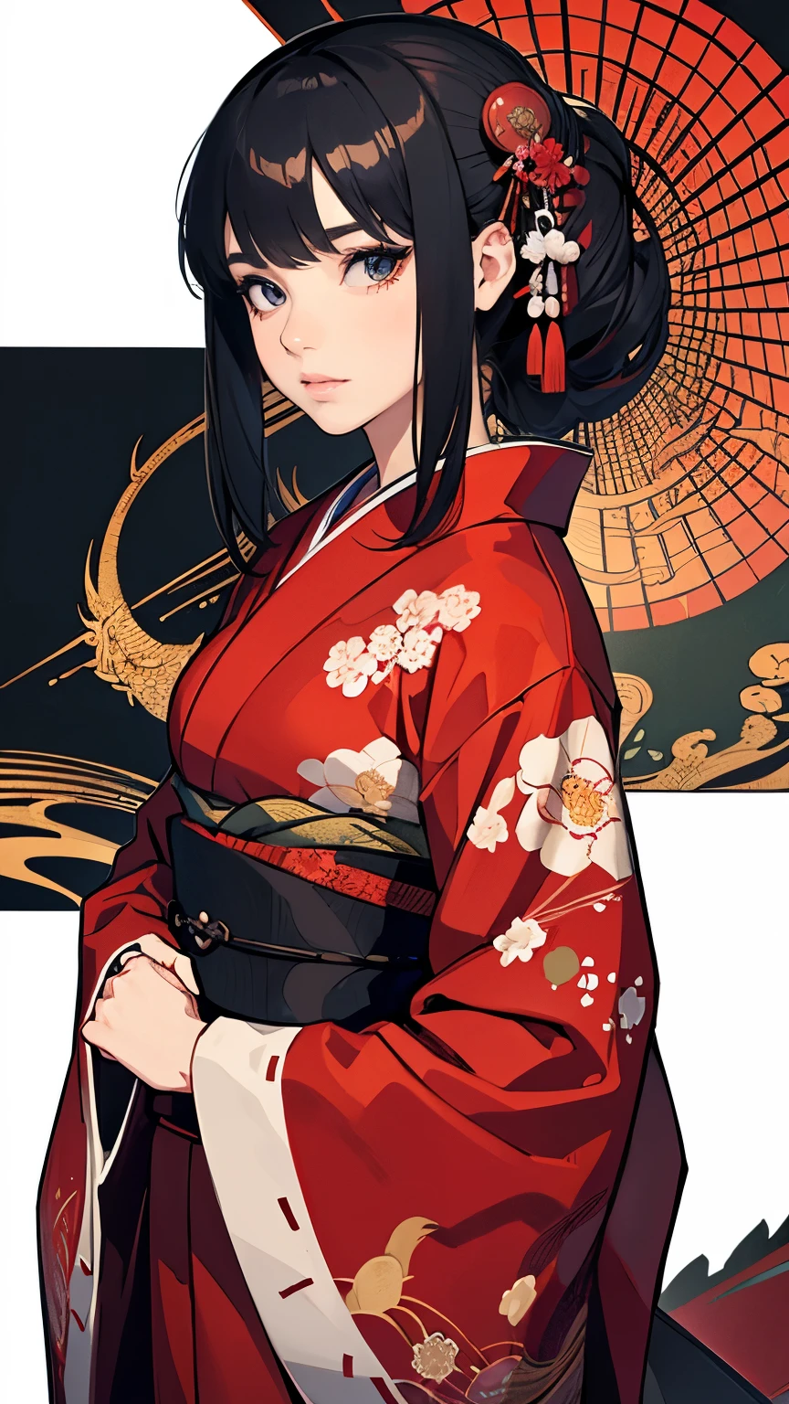 (masterpiece), highest quality, Expressive eyes, Beautiful manga Japanese woman with perfect face, MangaKawaiiAnime, Beautiful Japanese Kimono, The kimono has a dragon embroidered on it.. Black and red clothing colors, Japanese women&#39;s long hair, Black hair color, Ponytail Hairstyles, single eyelid, Hooded Eyestyle, Sensual, Sank, Fascinating and enigmatic., facial expressions smile., Beautiful photo situation.