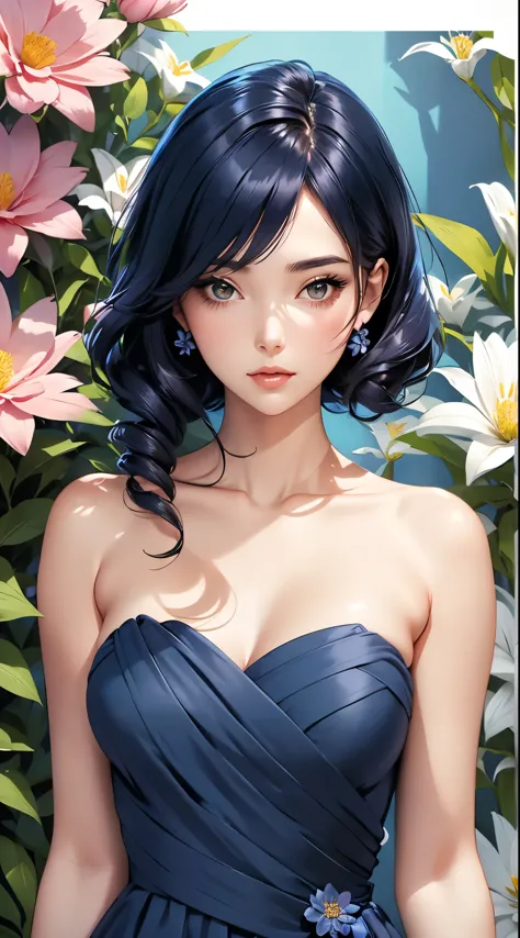 a woman in a navy blue dress standing in front of flowers, beautiful comic art, beautiful alluring anime woman, beautiful anime ...