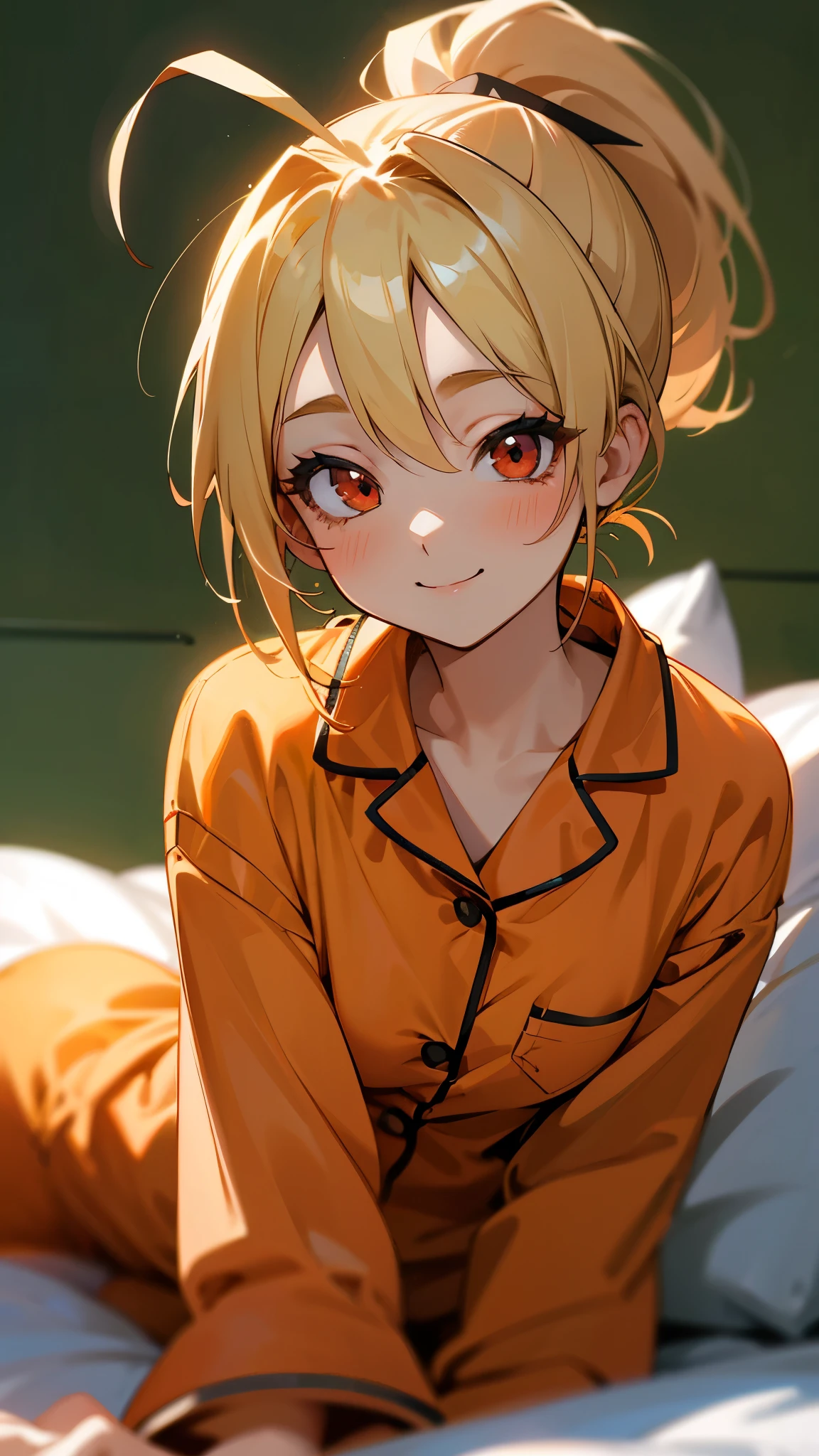 18-летняя девушка сидит на кровати、Один、Картины в стиле аниме、в пижаме、блондинка с хвостиком、ахоге、красивые красные глаза、улыбка、улыбка、Со стороны、Мягкая текстура пижамы、лицо крупным планом、Цвета на основе зеленого и оранжевого、Размытие фона、Глубина нарисованных границ