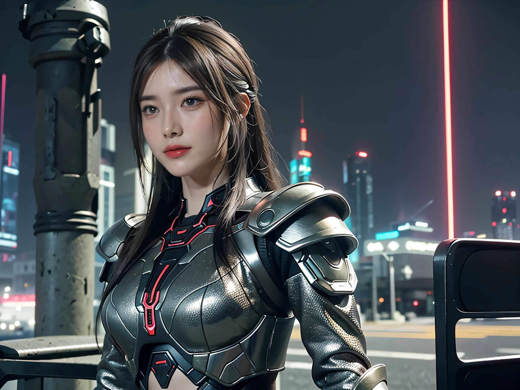 Solo, 1girl, Game art，The best picture quality，Highest resolution，8K，((A bust photograph))，((Portrait))，(Rule of thirds)，Unreal Engine 5 rendering works， (The Girl of the Future)，(Female Warrior)，22-year-old girl，(Long hair casual)，(Future-style military wear，A beautiful eye full of detail)，(Big breasts)，(Eye shadow)，Elegant and charming，Smile，(frown)，(Clothes full of futuristic sci-fi style，Sweater，A delicate pattern，Glittering jewels，Armor，White and red)，Cyberpunk Characters，Future Style， Photo poses，Street background，Movie lights，Ray tracing，Game CG，((3D Unreal Engine))，oc rendering reflection pattern