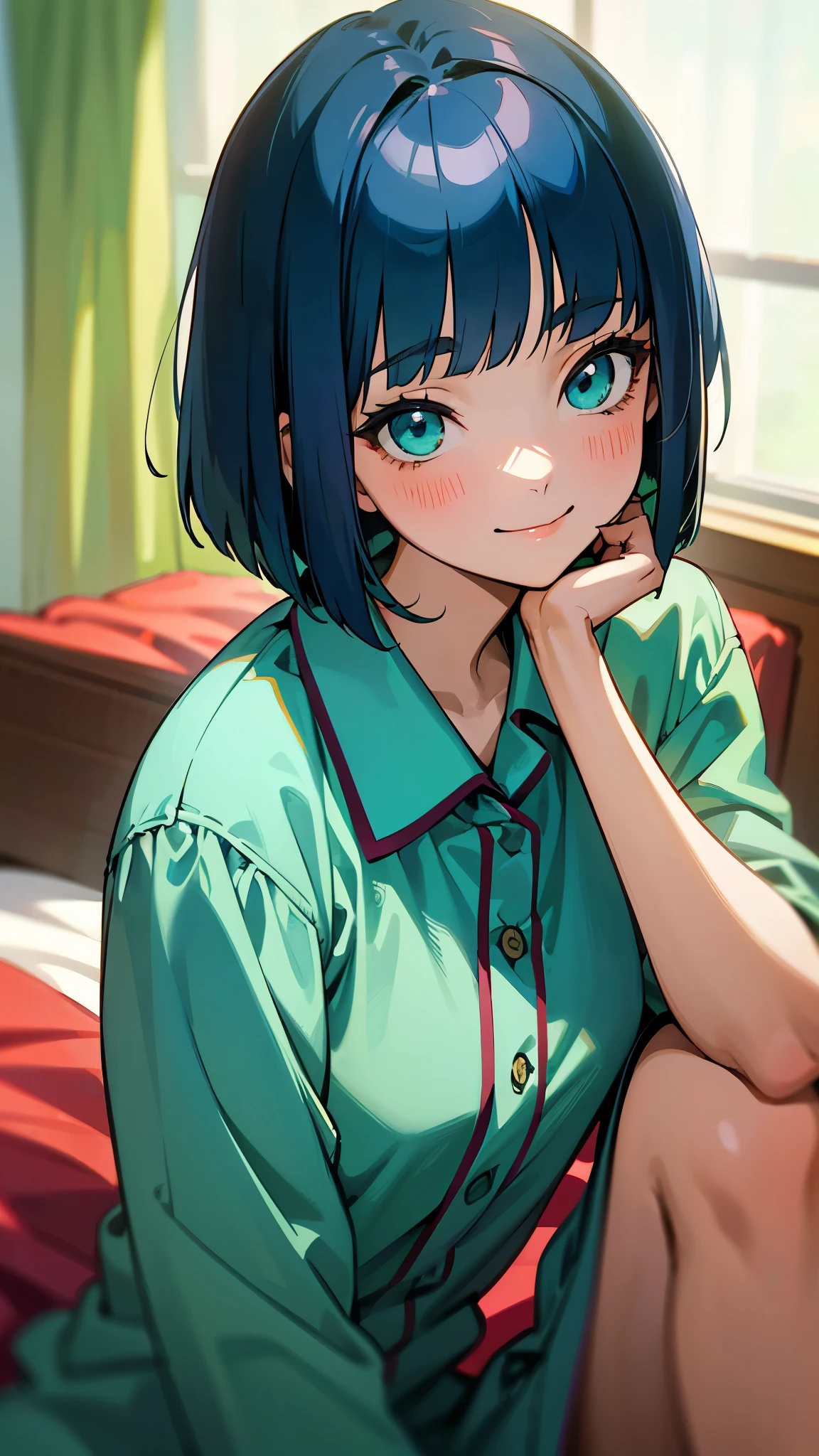 Chica de 18 años sentada en la cama、solo、Pinturas de estilo anime.、usando pijamas、pelo azul oscuro、corte bob、hermosos ojos verdes、sonrisa、sonrisa、La suave textura del pijama、Primer plano de la parte superior del cuerpo、Colores basados en verde y azul.、Desenfoque de fondo、La profundidad de los límites trazados.