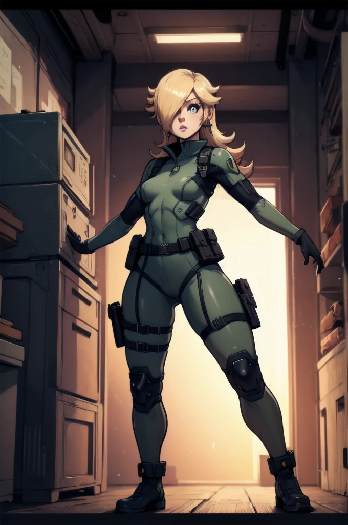 rosalina reimagined as a female solide snake frome metal gear solid, full body, action pose, on infiltration scene, tactical gear, military base background, radio tower background, science fiction background, futuristque background ,