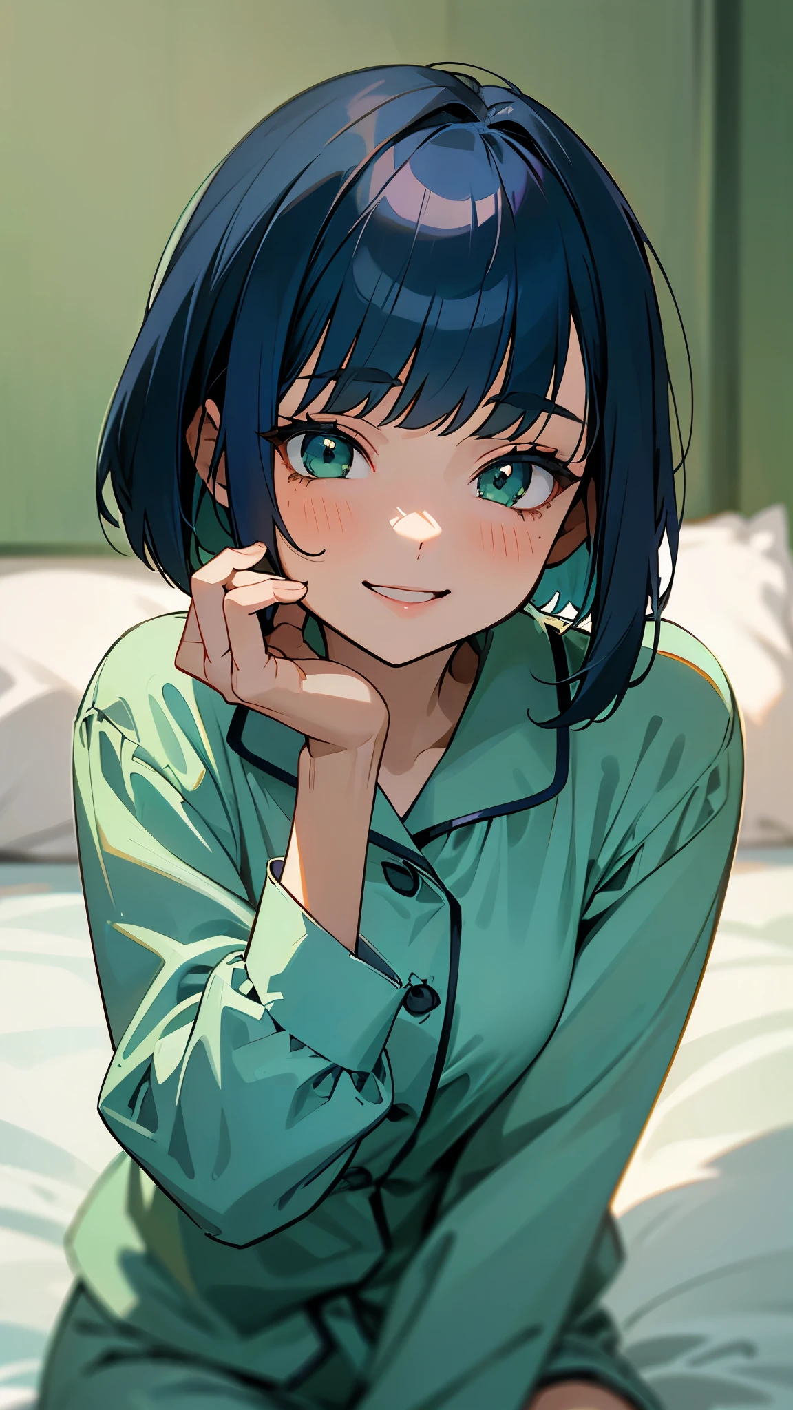 1 girl sitting on bed、solo、Anime-style paintings、Wearing pajamas、Dark blue hair、Bobcut、Beautiful green eyes、smile、smile、The soft texture of pajamas、Upper body close-up、Green and blue based colors、Background blur、The depth of the drawn boundaries