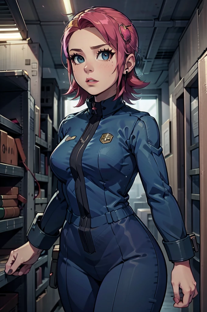 Mayl Sakurai reimagined as a vault dweller, doing maintenance in an underground vault. Her vibrant pink hair stands out against the dimly lit environment. She is a 26-year-old woman dressed in a vault dweller jumpsuit, indicative of her role in the post-apocalyptic world. The jumpsuit is worn but still functional, reflecting the harsh conditions of life underground. Her face is beautifully detailed, with expressive eyes that convey determination and intelligence. Her lips are also well-defined, adding to her overall allure.

In the vault, Mayl Sakurai is seen operating a pipboy, a wrist-worn device that serves as an essential tool and information hub for survival in the vault. The pipboy's screen emits a soft glow, illuminating Mayl's face and casting a subtle green hue on the surroundings. The details on the pipboy, from its buttons to its display, are extremely detailed, showcasing its futuristic design.

The underground vault is filled with mechanical equipment and pipes, emphasizing the importance of maintenance in this post-apocalyptic world. The atmosphere is gritty and industrial, with a hint of mystery and danger. The lighting is dim and has a hint of blue tones, enhancing the underground ambiance.

Despite the grim surroundings, Mayl Sakurai exudes confidence and strength as she jumps into action, ready to fulfill her duties as a vault dweller. Her posture and expression suggest that she is prepared to face any challenge that comes her way.

The image quality should be at its best, with 4K resolution and ultra-detailed rendering, capturing every intricate detail of the scene. The colors should be vivid, emphasizing the contrast between Mayl's vibrant pink hair and the dimly lit environment. The overall style should lean towards a post-apocalyptic concept art aesthetic, blending realism with a touch of fantasy.

In summary, the Stable Diffusion prompt for the provided theme would be:
Mayl Sakurai reimagined as a vault dweller, doing maintenance in an undergr