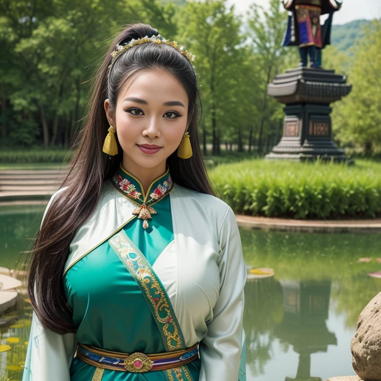 (thai woman),((highponytail)),(forehead),(Oriental Folk Costumes:1.5),(enormous breasts:1.5),(Fantastic World:1.7),(Meadows and ponds:1.6), (Fictitious eastern-style and huge stone statues:1.2),big smile,  (cowboy shot:1.4),8k, UHD,