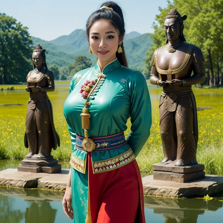 (thai woman),((highponytail)),(forehead),(Oriental Folk Costumes:1.5),(enormous breasts:1.5),(Fantastic World:1.7),(Meadows and ponds:1.6), (Fictitious eastern-style and huge stone statues:1.3),big smile,  (cowboy shot:1.4),8k, UHD,