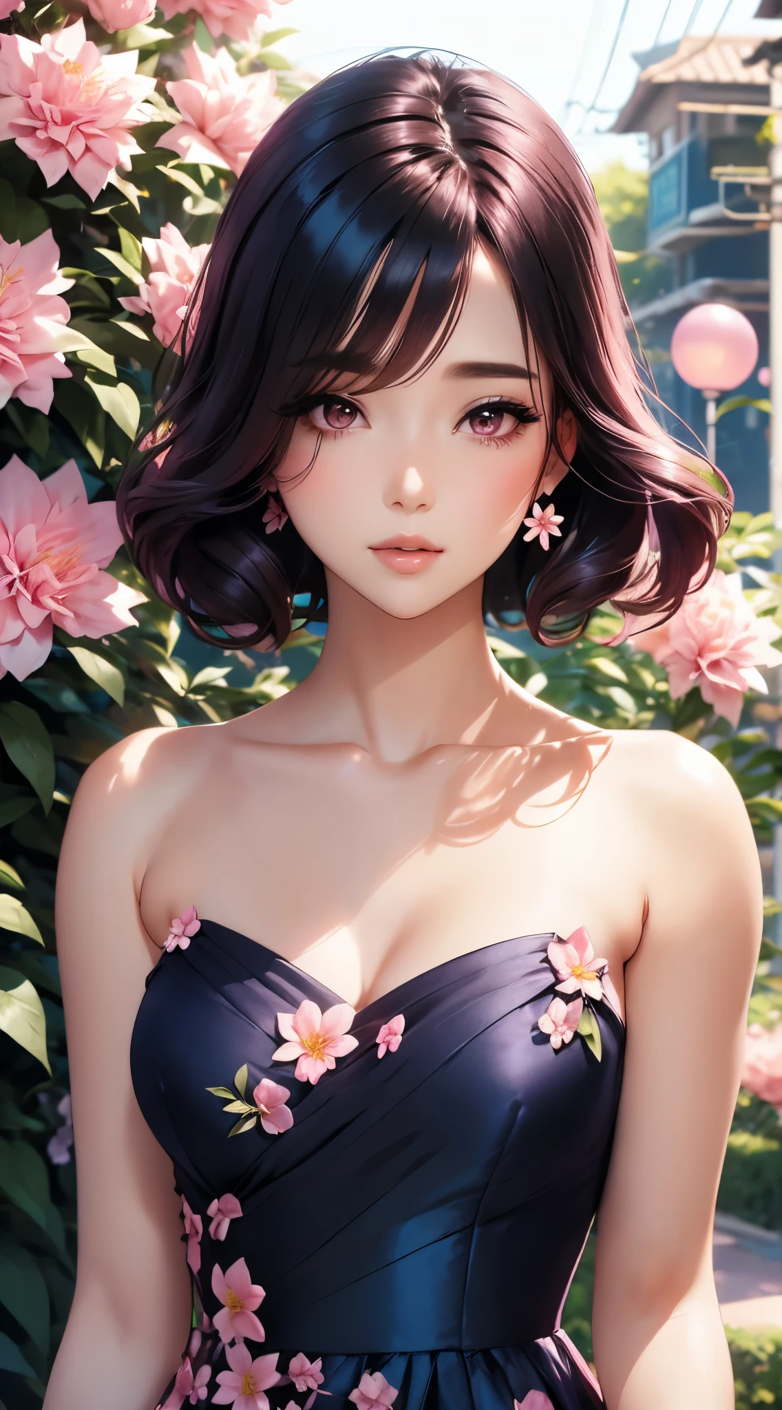 uma mulher com um vestido rosa jasmim em frente a flores, bela arte em quadrinhos, linda mulher de anime sedutora, Linda Mulher Anime