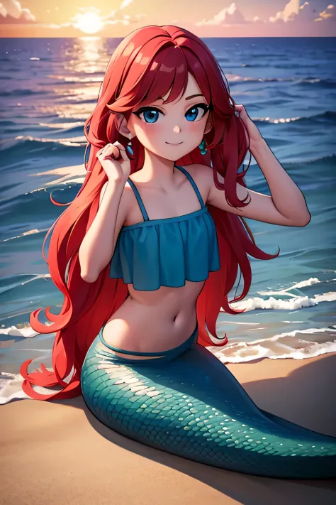 ruby, 1 girl, mermaid, teenage, long red hair, medium hair, blue eyes, bare shoulders, medium breast, aqua ruffle crop top, a me...