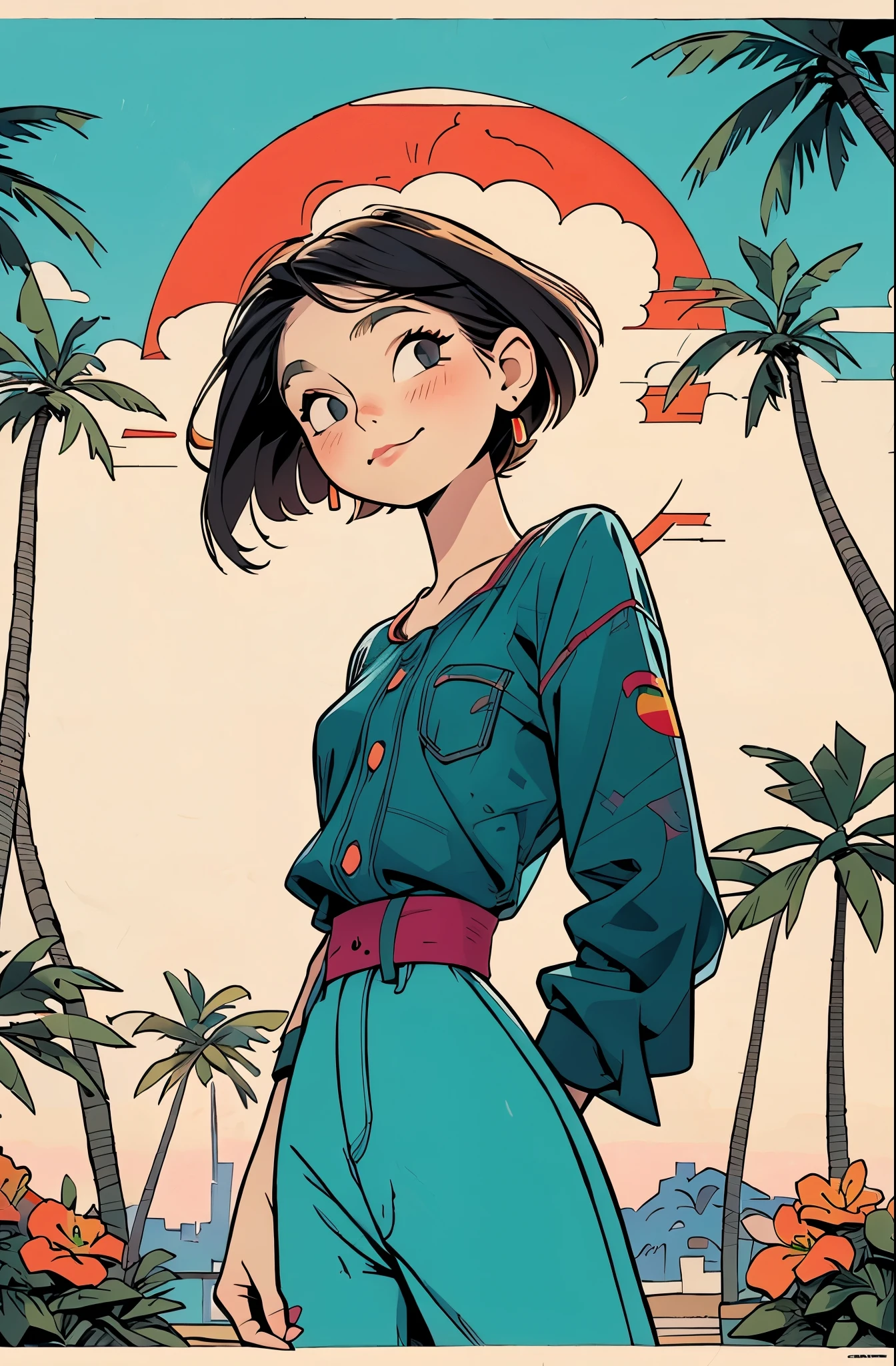 retro girl, Miami, sunset, Ferrari, palm tree, 90's, (flat colors, flat texture, lineart:1.2), graphical design, (heavy ink, ink blacks),